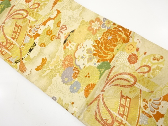 アンティーク　屋敷に貝桶・菊模様織り出し丸帯（材料）